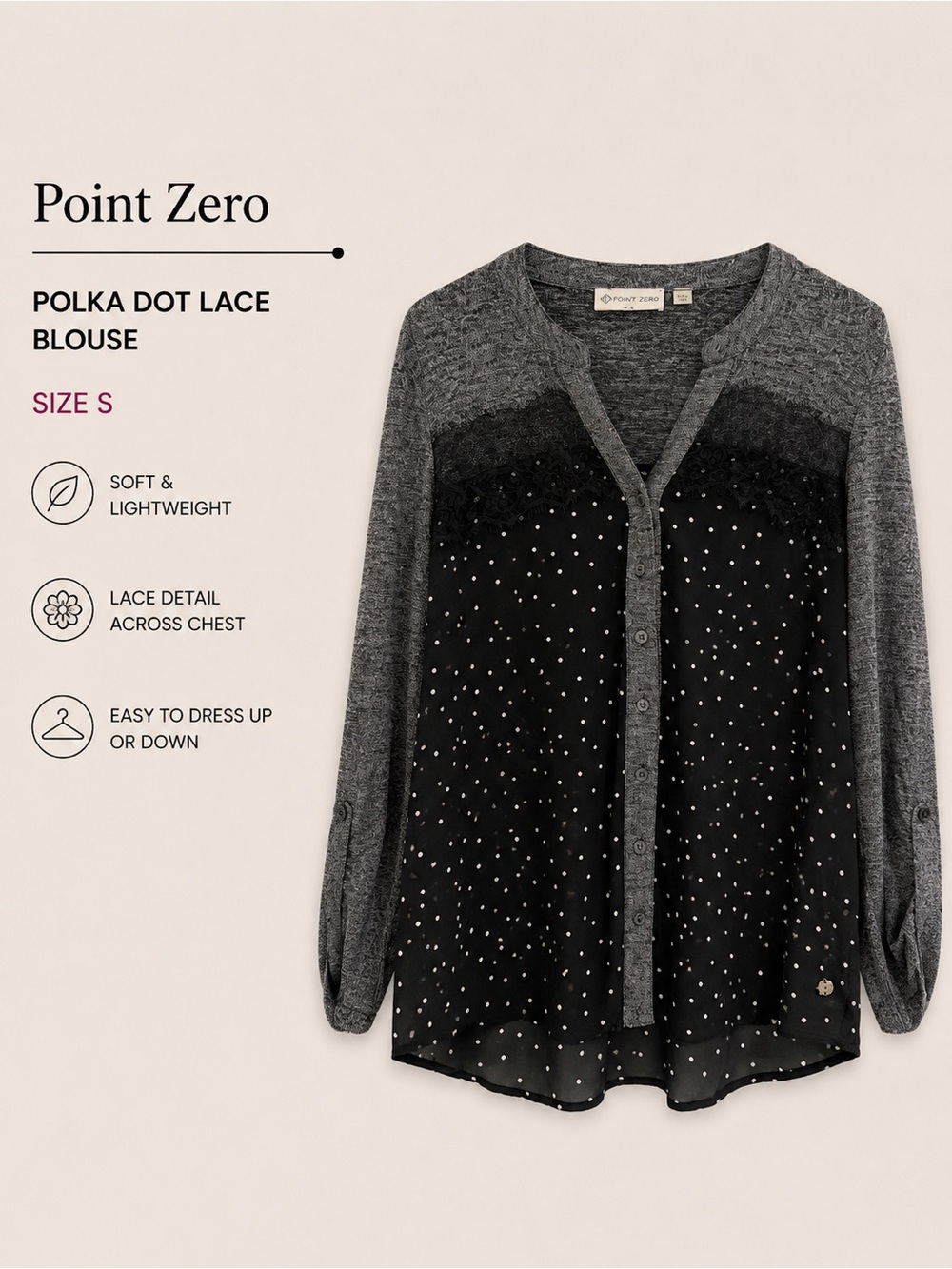 Point Zero Black & Gray Polka Dot Lace-Trim Blouse Size Small
